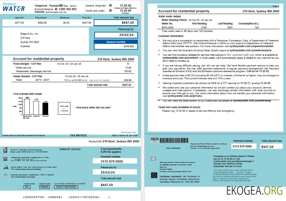 Australie Sydney Water Business Utility Bill, modèle Word et PDF, 2 pages
